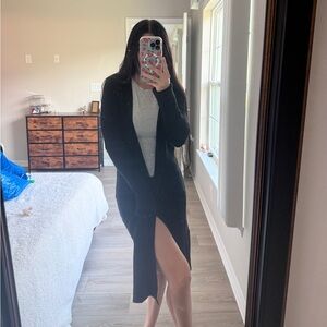 Cyrus Black Ribbed Longline Open Front Cardigan Duster - Size Small